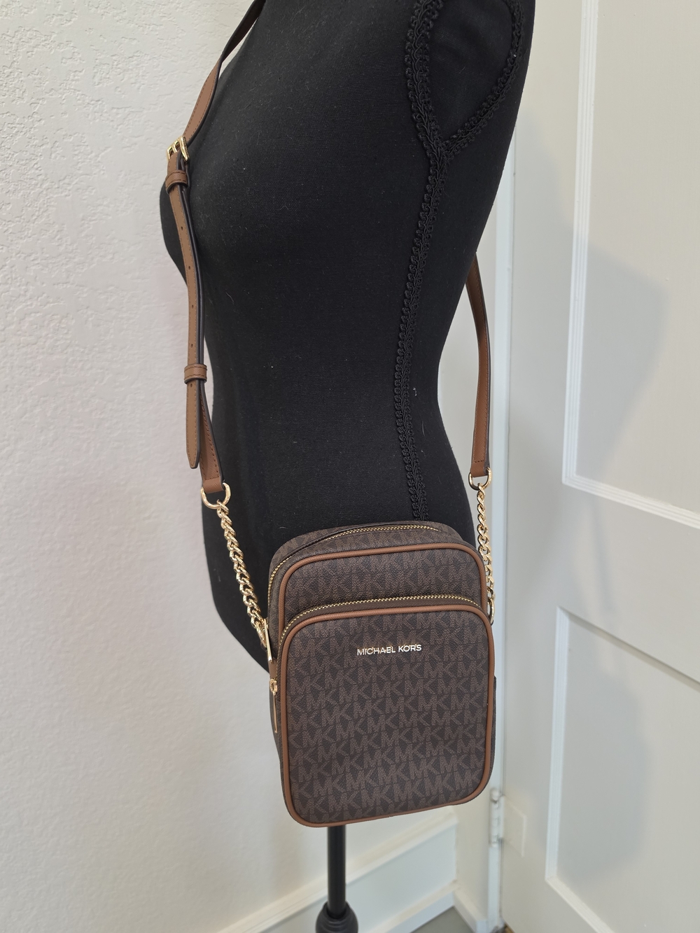 Michael Kors Brown Monogram Double-Zip Crossbody with Gold Chain